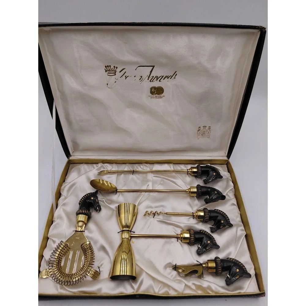 Vtg Crown Awards 7pc Horse Head Barware Set Bakelite Brass Gold MCM 60s Japan